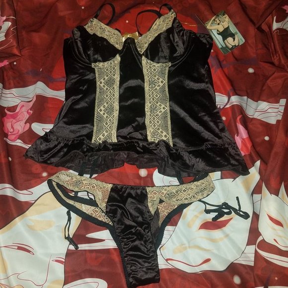 2 pc black & beige bustier lingerie set size M - Picture 3 of 5